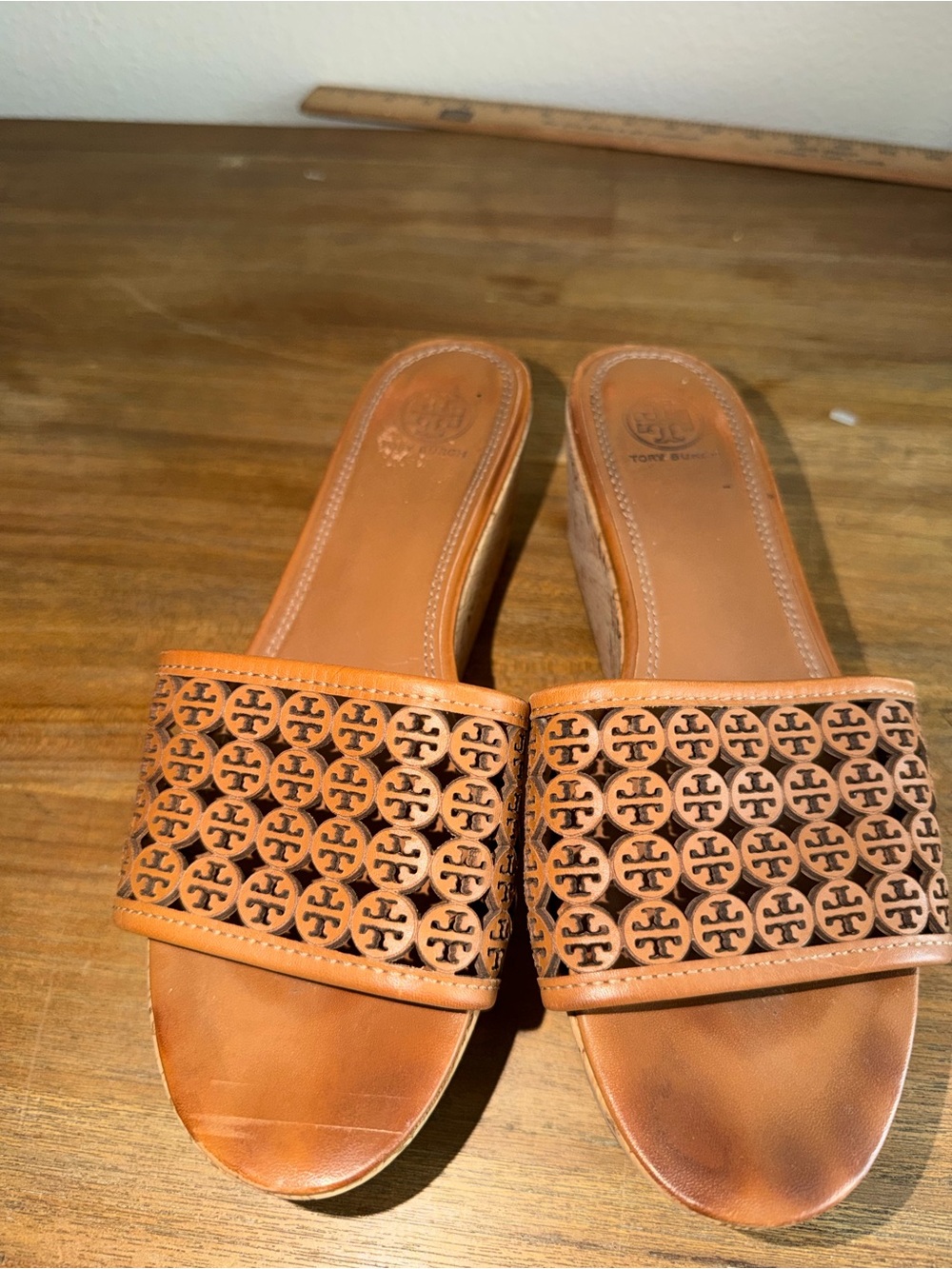 Tory Burch Tan Leather Logo Cutout Slide Mules